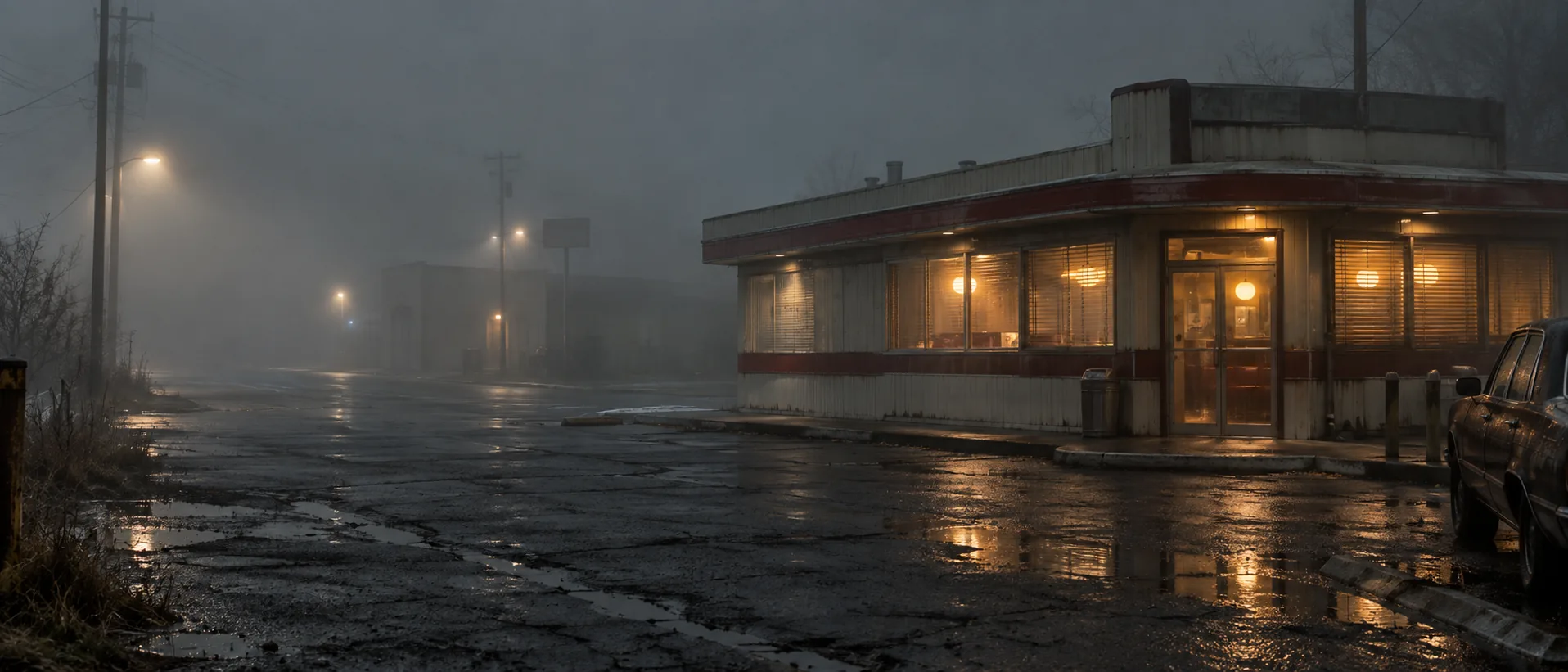 A small diner glowing beside a wet road in dense night fog.